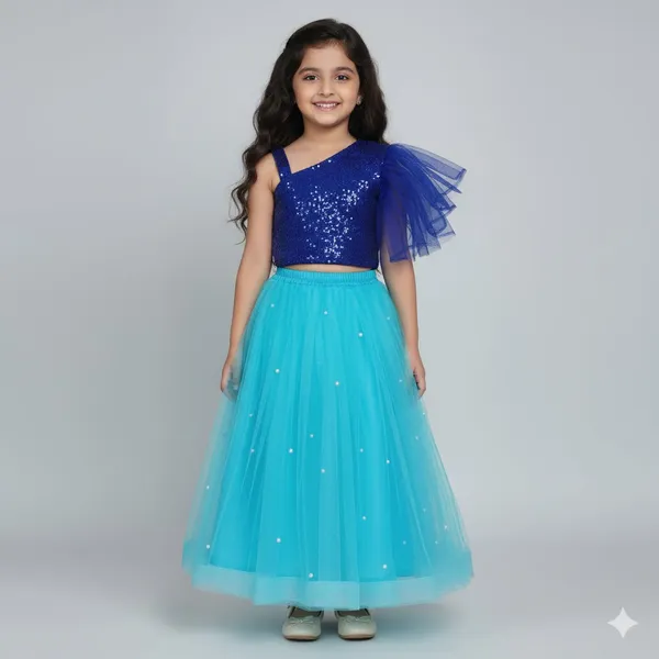 Girls_Royal_Blue_Sequin_Crop_Top_with_Sky_Blue_Net_Flared_Skirt_|_Designer_Party_Wear_Lehenga_Set