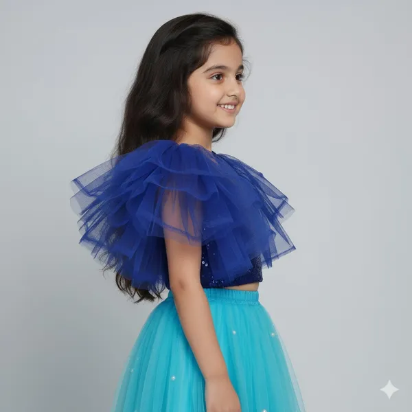 Girls_Royal_Blue_Sequin_Crop_Top_with_Sky_Blue_Net_Flared_Skirt_|_Designer_Party_Wear_Lehenga_Set