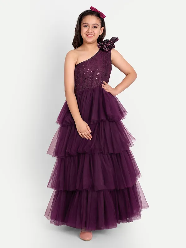 Girls_Wine_Purple_One-Shoulder_Tiered_Tulle_Gown_|_Designer_Party_Wear_Layered_Princess_Dress