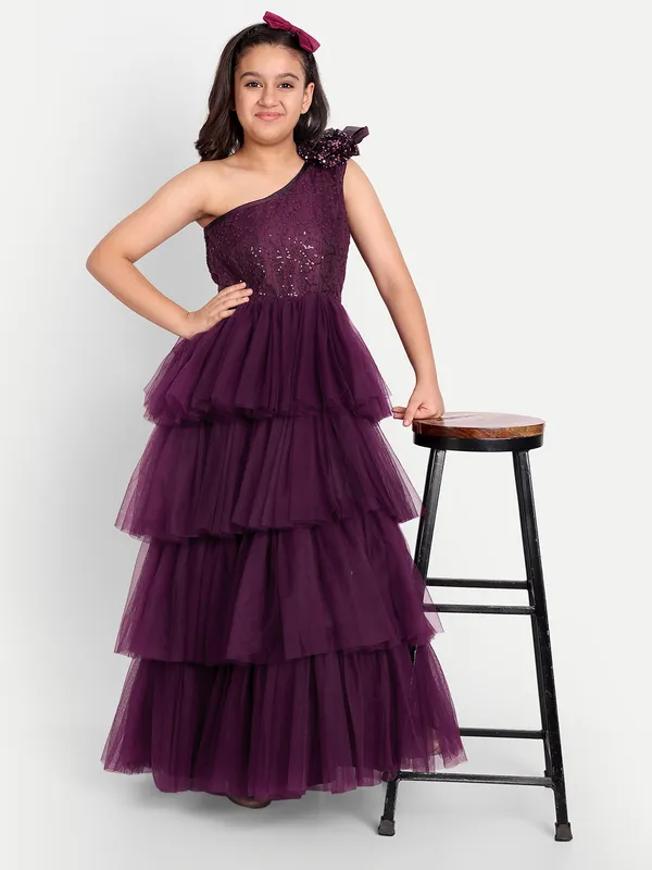 Girls_Wine_Purple_One-Shoulder_Tiered_Tulle_Gown_|_Designer_Party_Wear_Layered_Princess_Dress