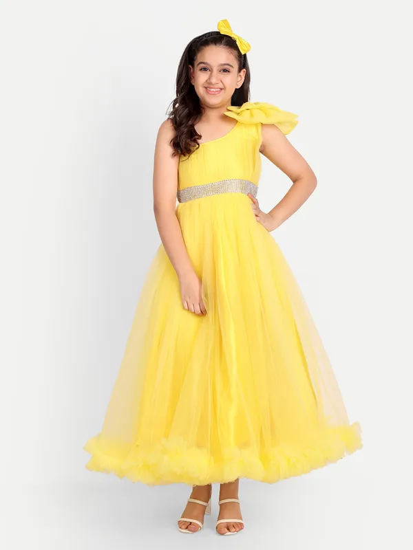 Girls_Yellow_One-Shoulder_Princess_Gown_|_Designer_Tulle_Party_Wear_Long_Dress_with_Crystal_Belt