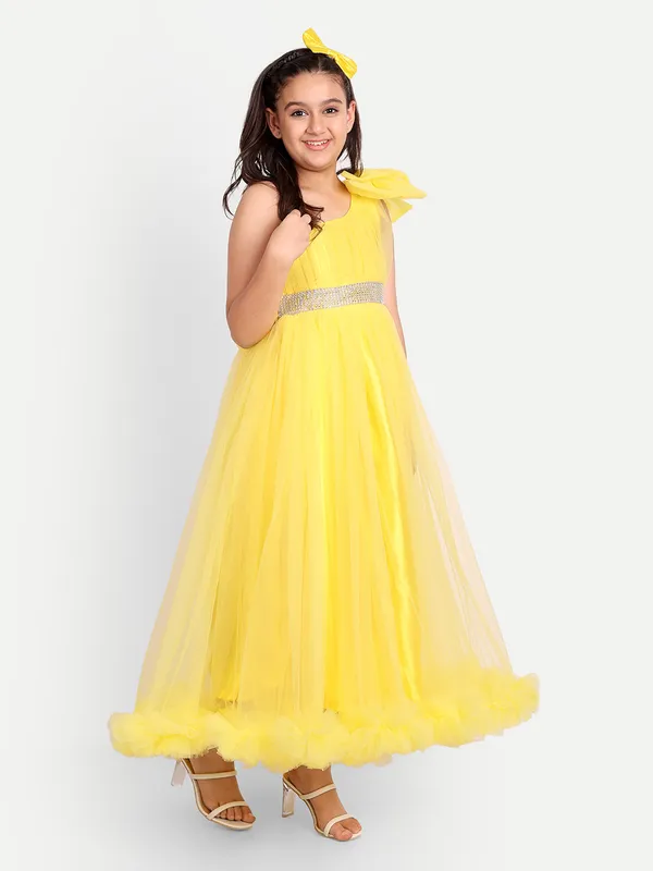 Girls_Yellow_One-Shoulder_Princess_Gown_|_Designer_Tulle_Party_Wear_Long_Dress_with_Crystal_Belt