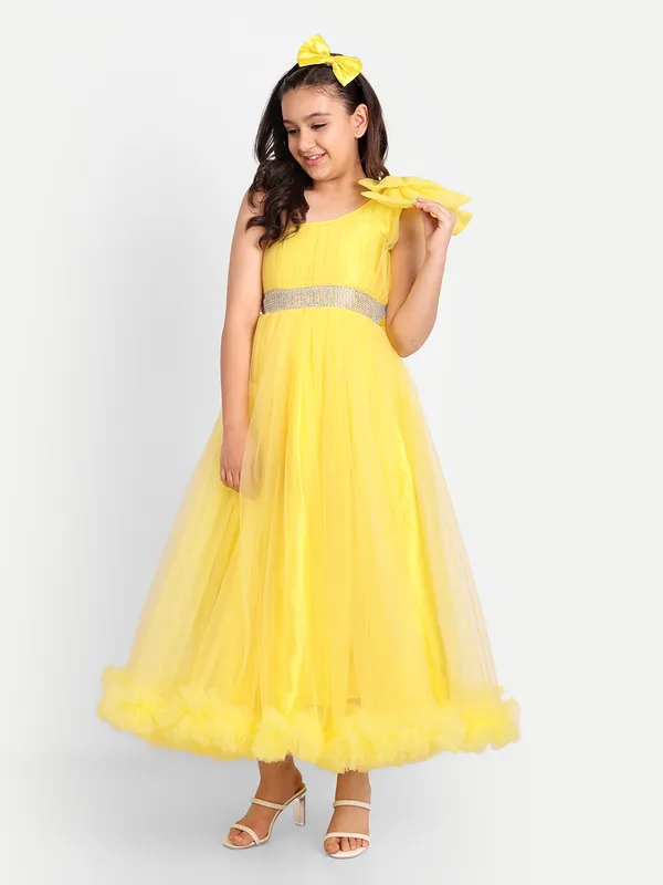 Girls_Yellow_One-Shoulder_Princess_Gown_|_Designer_Tulle_Party_Wear_Long_Dress_with_Crystal_Belt
