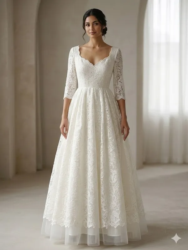 IVORY_LACE_A_LINE_BRIDAL_WHITE_GOWN_WITH_SCALLOPED_NECKLINE_&_FLARED_HEM_