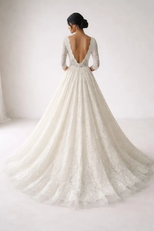 IVORY_LACE_A_LINE_BRIDAL_WHITE_GOWN_WITH_SCALLOPED_NECKLINE_&_FLARED_HEM_