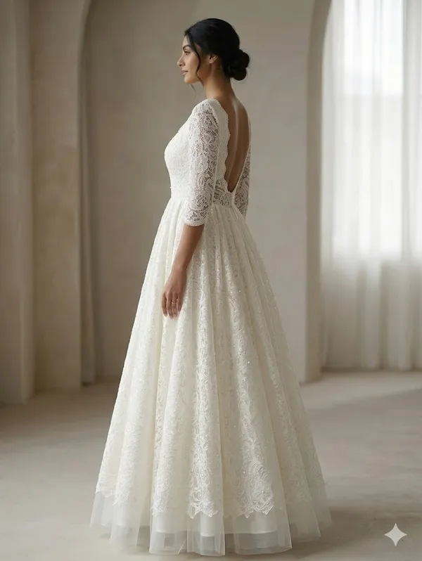 IVORY_LACE_A_LINE_BRIDAL_WHITE_GOWN_WITH_SCALLOPED_NECKLINE_&_FLARED_HEM_