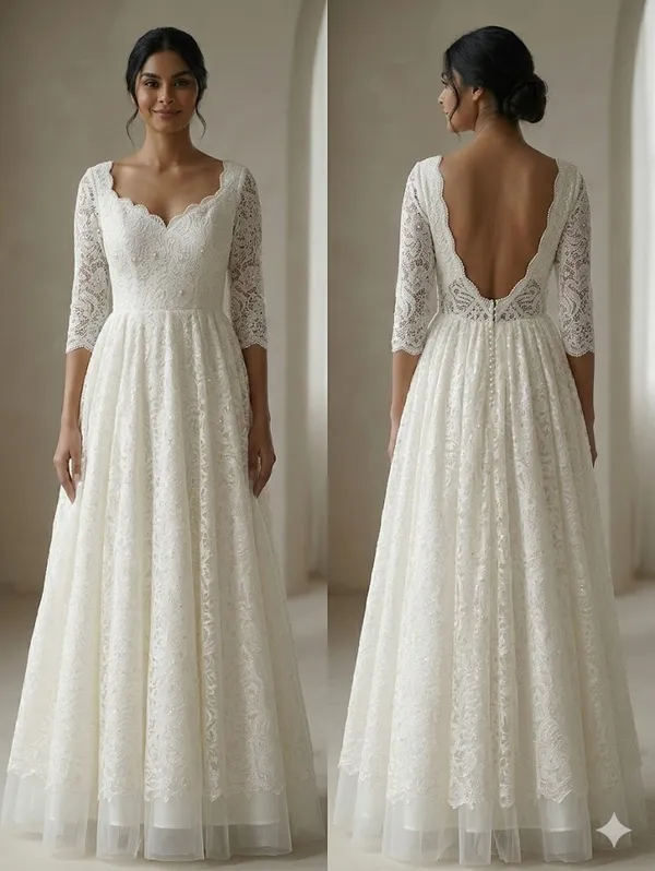 IVORY_LACE_A_LINE_BRIDAL_WHITE_GOWN_WITH_SCALLOPED_NECKLINE_&_FLARED_HEM_