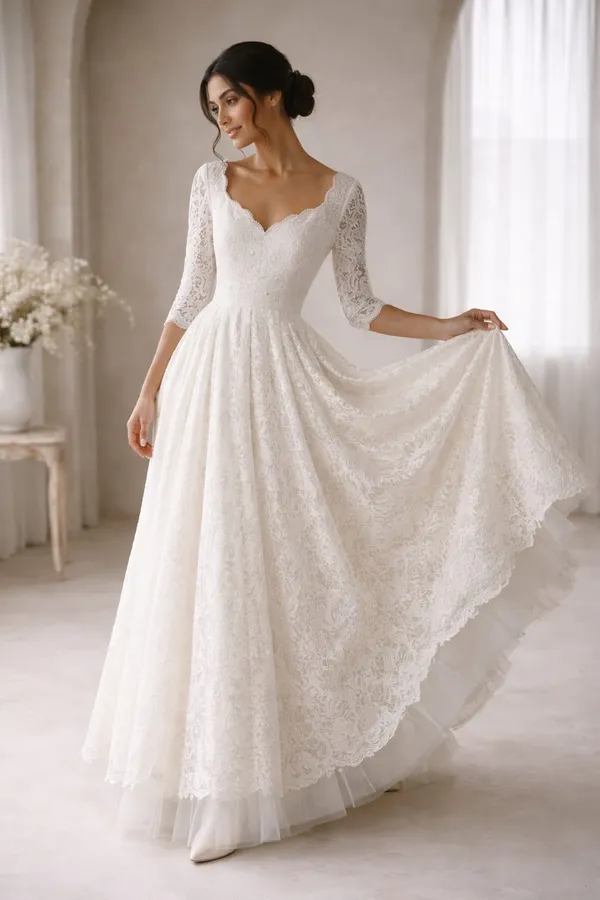 IVORY_LACE_A_LINE_BRIDAL_WHITE_GOWN_WITH_SCALLOPED_NECKLINE_&_FLARED_HEM_