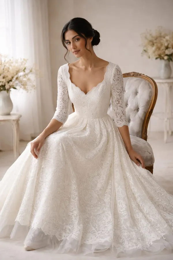 IVORY_LACE_A_LINE_BRIDAL_WHITE_GOWN_WITH_SCALLOPED_NECKLINE_&_FLARED_HEM_