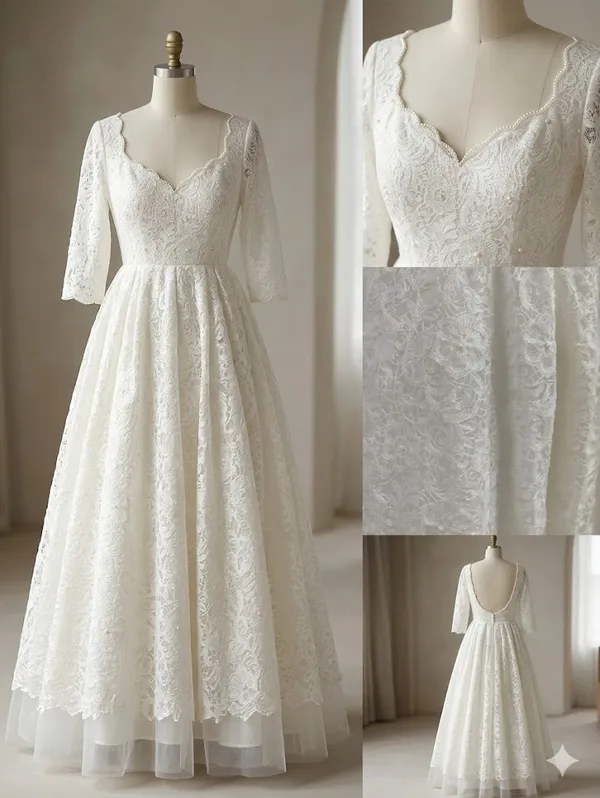 IVORY_LACE_A_LINE_BRIDAL_WHITE_GOWN_WITH_SCALLOPED_NECKLINE_&_FLARED_HEM_