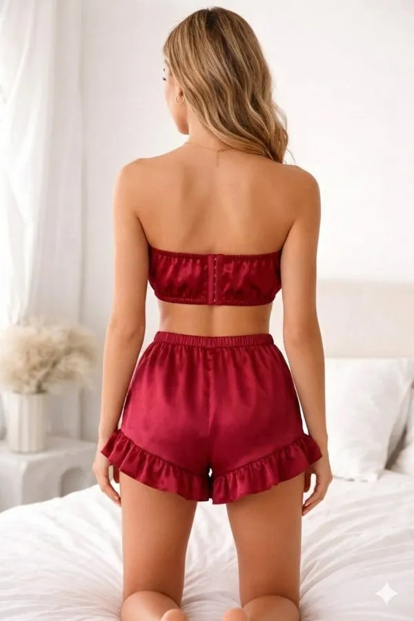 Red_Satin_Strapless_Tube_Top_&_Ruffle_Shorts_Co-Ord_Set