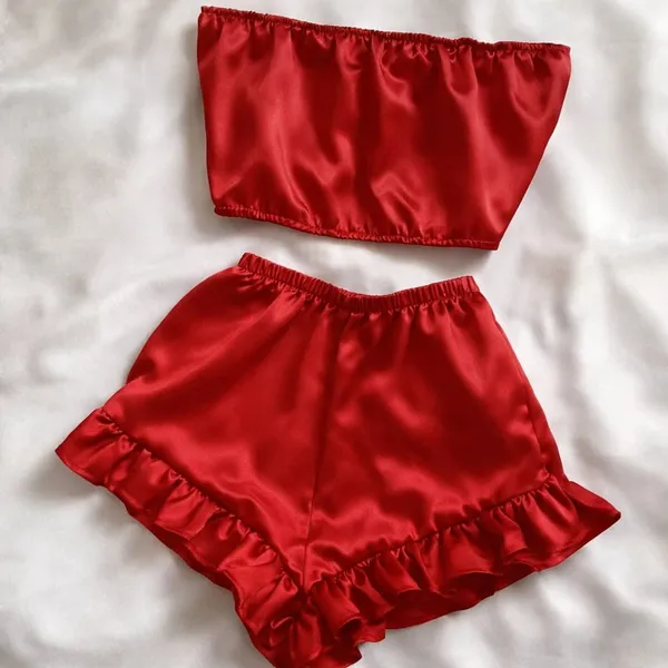 Red_Satin_Strapless_Tube_Top_&_Ruffle_Shorts_Co-Ord_Set