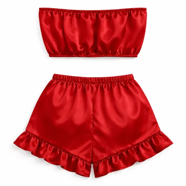 Red_Satin_Strapless_Tube_Top_&_Ruffle_Shorts_Co-Ord_Set