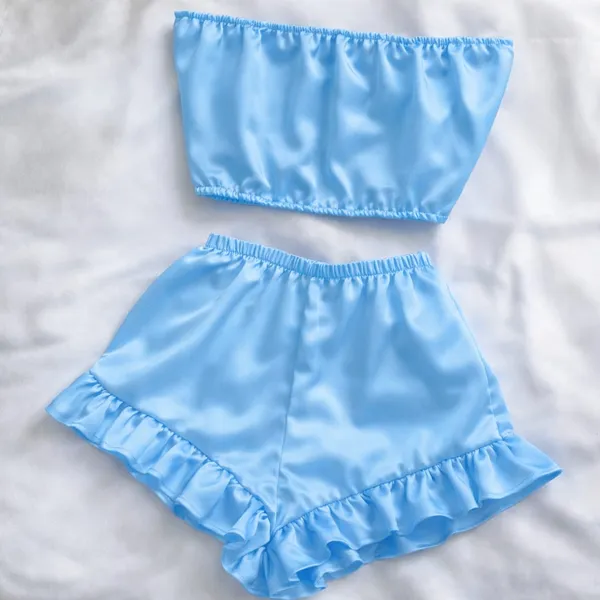SKY_BLUE_Satin_Strapless_Tube_Top_&_Ruffle_Shorts_Co-Ord_Set