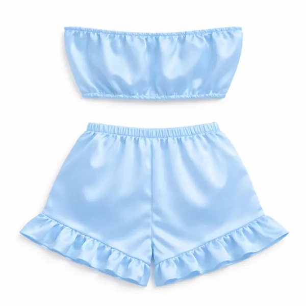 SKY_BLUE_Satin_Strapless_Tube_Top_&_Ruffle_Shorts_Co-Ord_Set