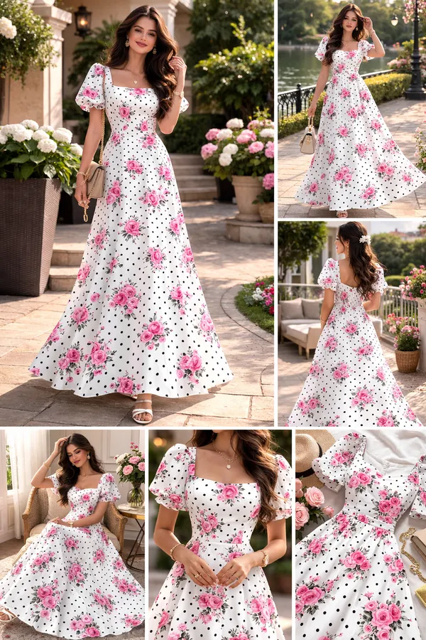 White_Rose_Print_Square_Neck_Puff_Sleeve_Maxi_Dress