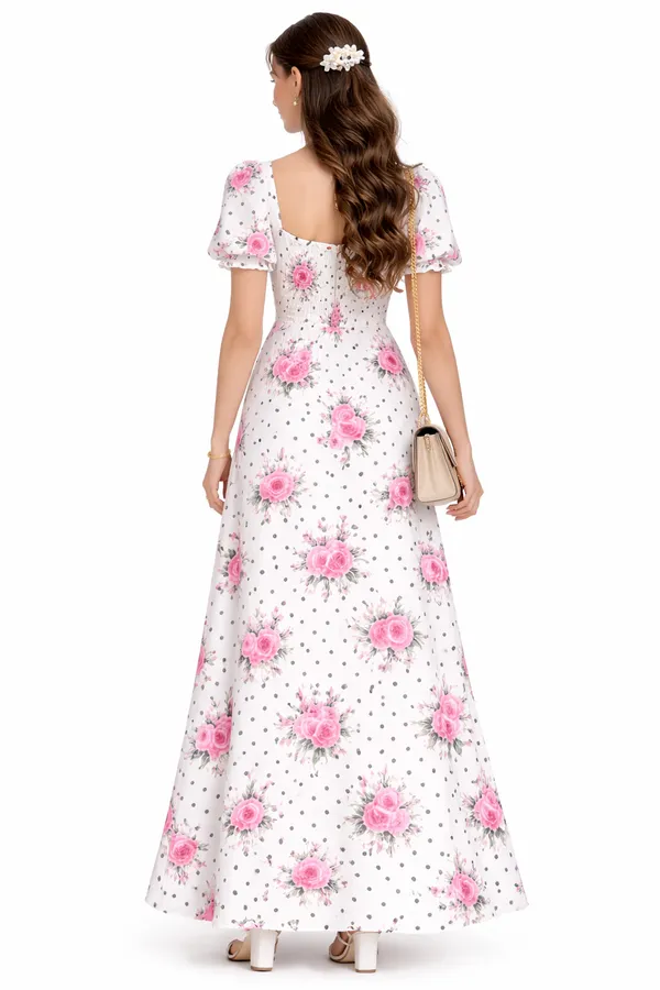White_Rose_Print_Square_Neck_Puff_Sleeve_Maxi_Dress