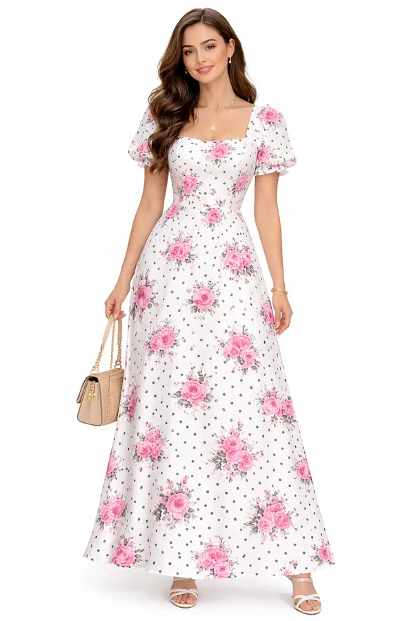 White_Rose_Print_Square_Neck_Puff_Sleeve_Maxi_Dress