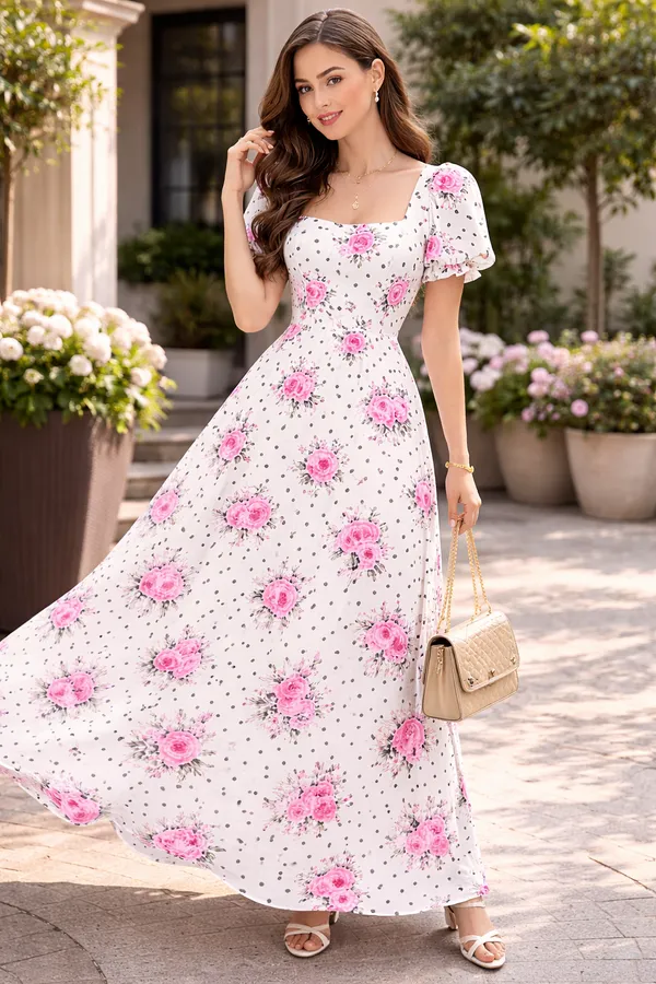 White_Rose_Print_Square_Neck_Puff_Sleeve_Maxi_Dress