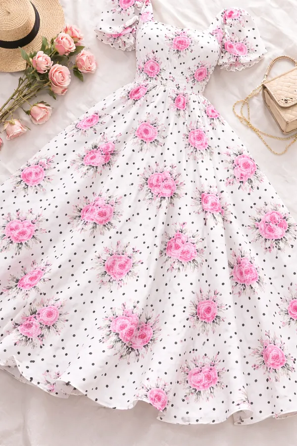 White_Rose_Print_Square_Neck_Puff_Sleeve_Maxi_Dress