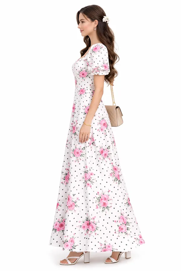 White_Rose_Print_Square_Neck_Puff_Sleeve_Maxi_Dress
