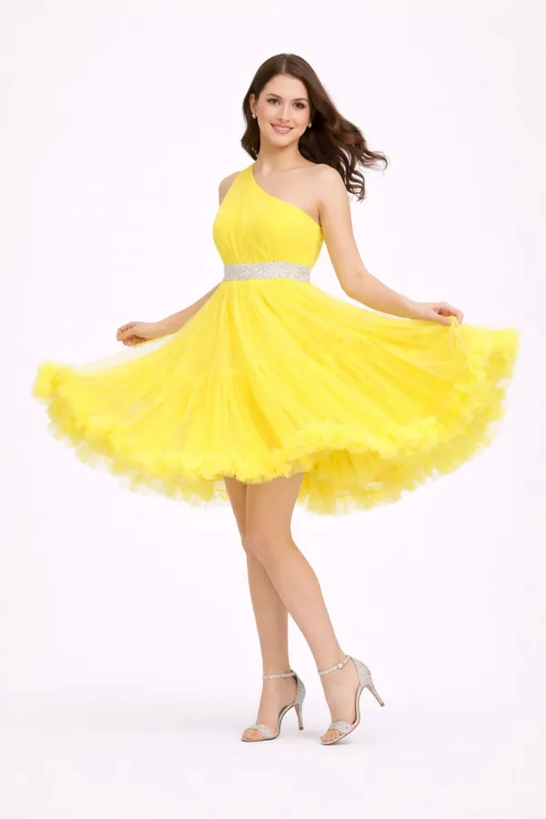 Women’s_Yellow_One-Shoulder_Fit_&_Flare_Knee-Length_Dress