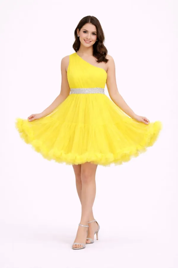 Women’s_Yellow_One-Shoulder_Fit_&_Flare_Knee-Length_Dress