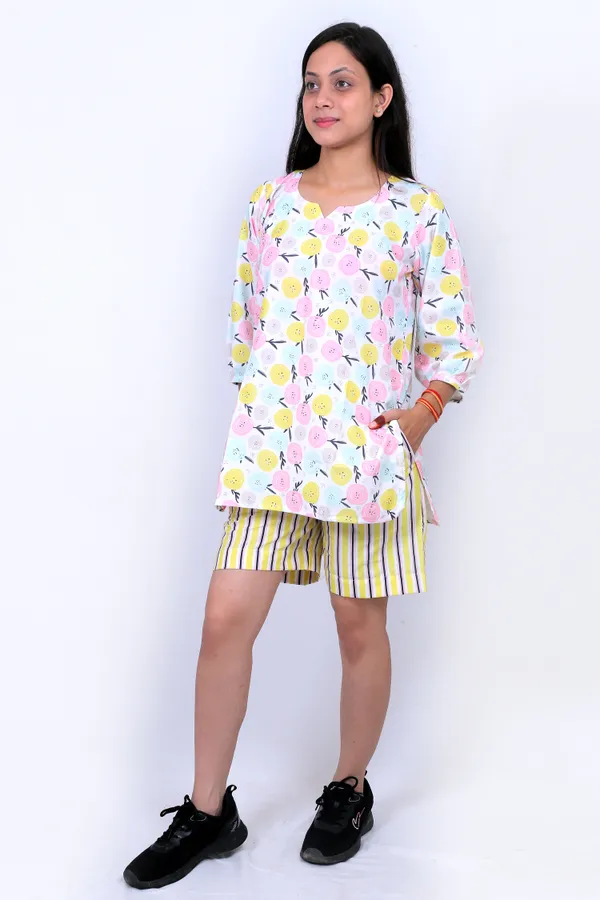 White_And_Yellow_Cotton_Premium_&_Elegant_Top_&_Shorts_For_Women