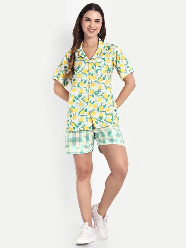 Yellow_And_Green_Cotton_Premium_&_Elegant_Top_&_Shorts_For_Women