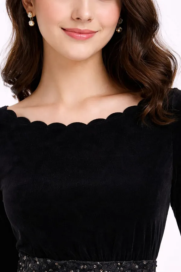 womens_black_velvet_sequence_knee_lenght_dress