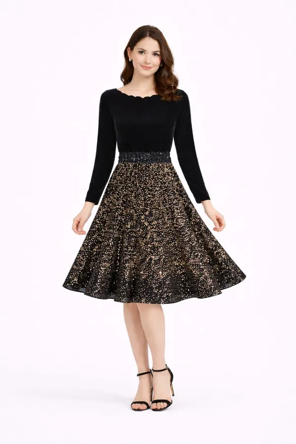 womens_black_velvet_sequence_knee_lenght_dress
