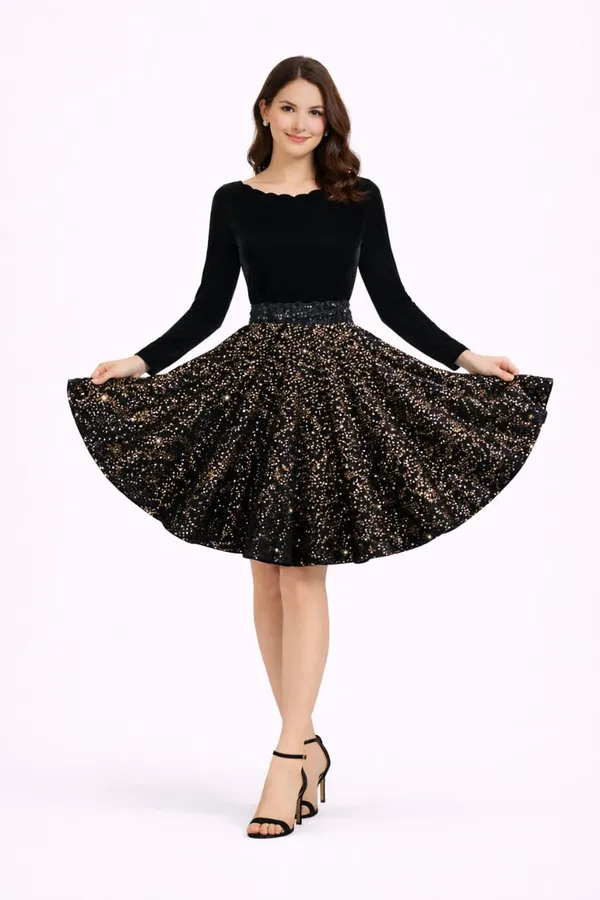womens_black_velvet_sequence_knee_lenght_dress