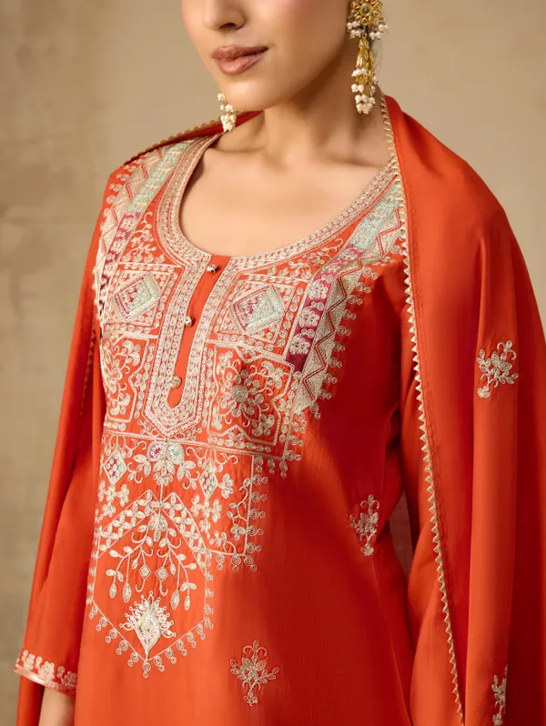 Cosmic_Orange_Viscose_Silk_Kurta_Set_For_Women