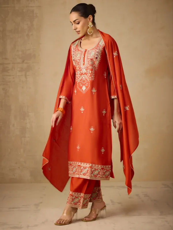 Cosmic_Orange_Viscose_Silk_Kurta_Set_For_Women