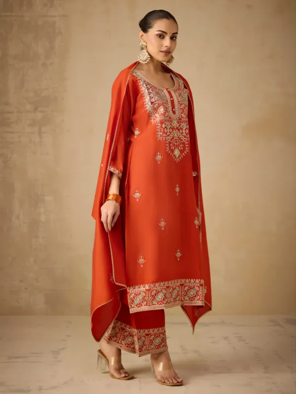 Cosmic_Orange_Viscose_Silk_Kurta_Set_For_Women