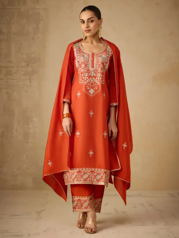 Cosmic_Orange_Viscose_Silk_Kurta_Set_For_Women