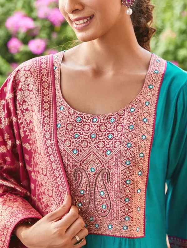 Dark_Cyan_Silk_Kurta_Set_For_Women