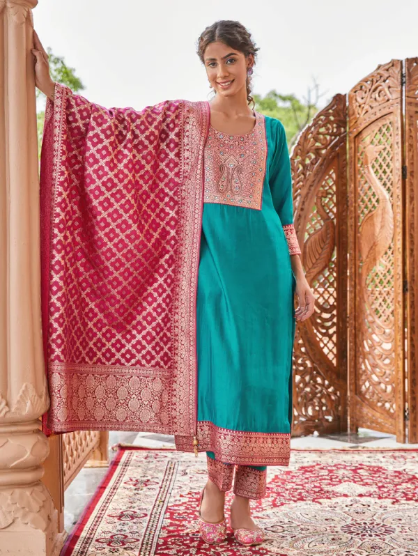 Dark_Cyan_Silk_Kurta_Set_For_Women
