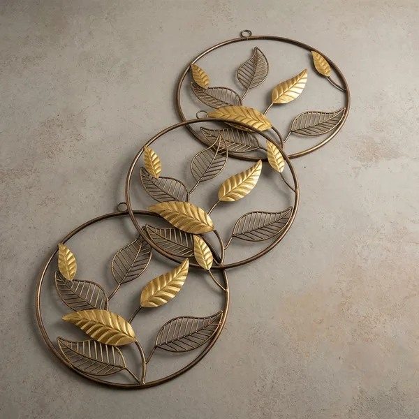 Gold_Iron_Decorative_Mango_Leaves_Floral_Wall_Art_Set_Of_3