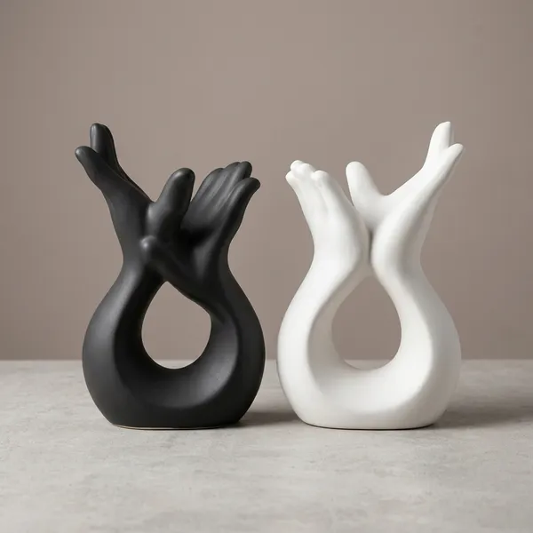 Black_And_White_Ceramic_Modern_Peace_Hand_Gesture_Sculpture_Set_Of_2