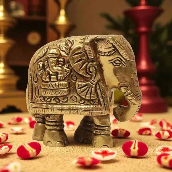 Antique_100%_Pure_Brass_Elephant_Laxmi_And_Ganesh_Embossed_Trunk_Down_Statue_For_Home,_Office_Table_And_Gift_Article,_Animal_Decorative_Showpiece