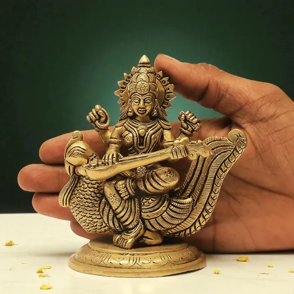 Antique_100%_Pure_Brass_Goddess_Saraswati_Idol_Statue_Murti,_Hindu_Goddess_Of_Knowledge,_Art_Decor_Gifts_For_Pooja