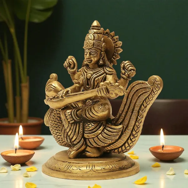 Antique_100%_Pure_Brass_Goddess_Saraswati_Idol_Statue_Murti,_Hindu_Goddess_Of_Knowledge,_Art_Decor_Gifts_For_Pooja