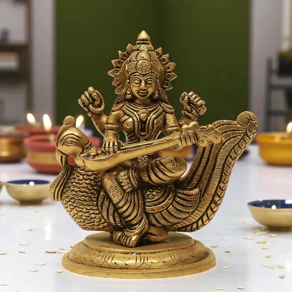 Antique_100%_Pure_Brass_Goddess_Saraswati_Idol_Statue_Murti,_Hindu_Goddess_Of_Knowledge,_Art_Decor_Gifts_For_Pooja