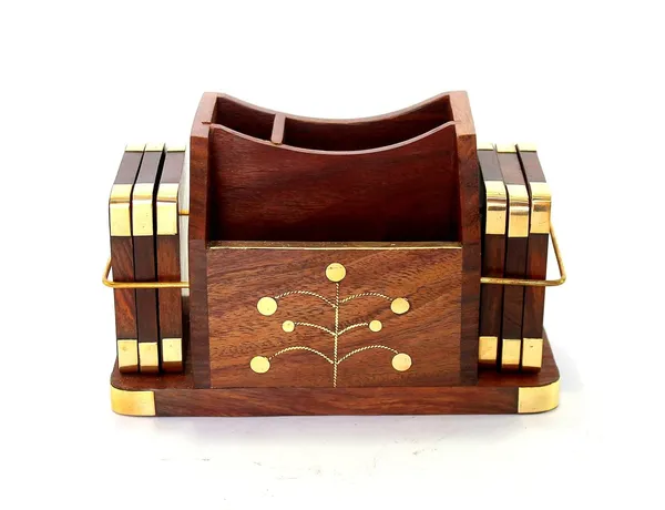 Wooden_Desktop_Organiser_with_6_Coasters,_Brass_Inlay_Design,_Rosewood_Finish,_Pen_Stand,_Business_Card_Holder