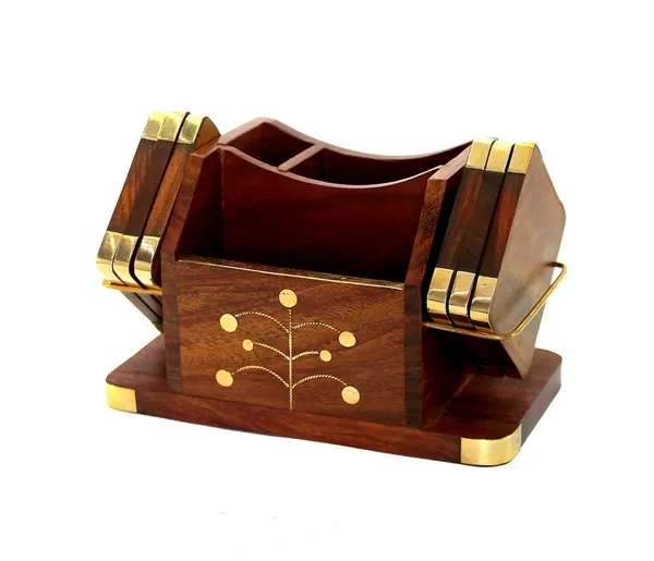 Wooden_Desktop_Organiser_with_6_Coasters,_Brass_Inlay_Design,_Rosewood_Finish,_Pen_Stand,_Business_Card_Holder