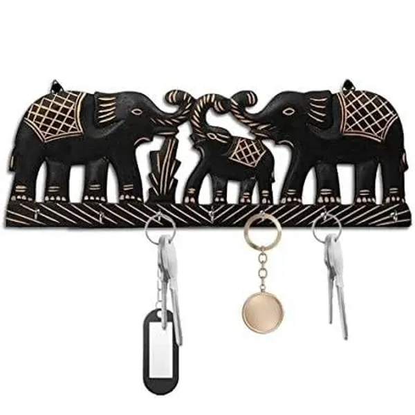 Decorative_Wooden_Elephant_Wall_Key_Holder,_Black_with_Traditional_Design,_6_Hooks