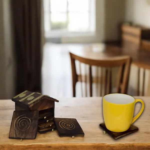 Wooden_Tea_Coaster_Set_with_Hut-Shaped_Holder,_6_Coasters,_Brown_and_Brass_Finish