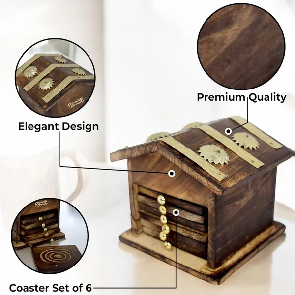 Wooden_Tea_Coaster_Set_with_Hut-Shaped_Holder,_6_Coasters,_Brown_and_Brass_Finish