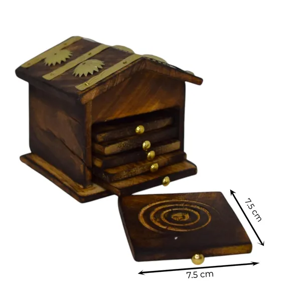 Wooden_Tea_Coaster_Set_with_Hut-Shaped_Holder,_6_Coasters,_Brown_and_Brass_Finish